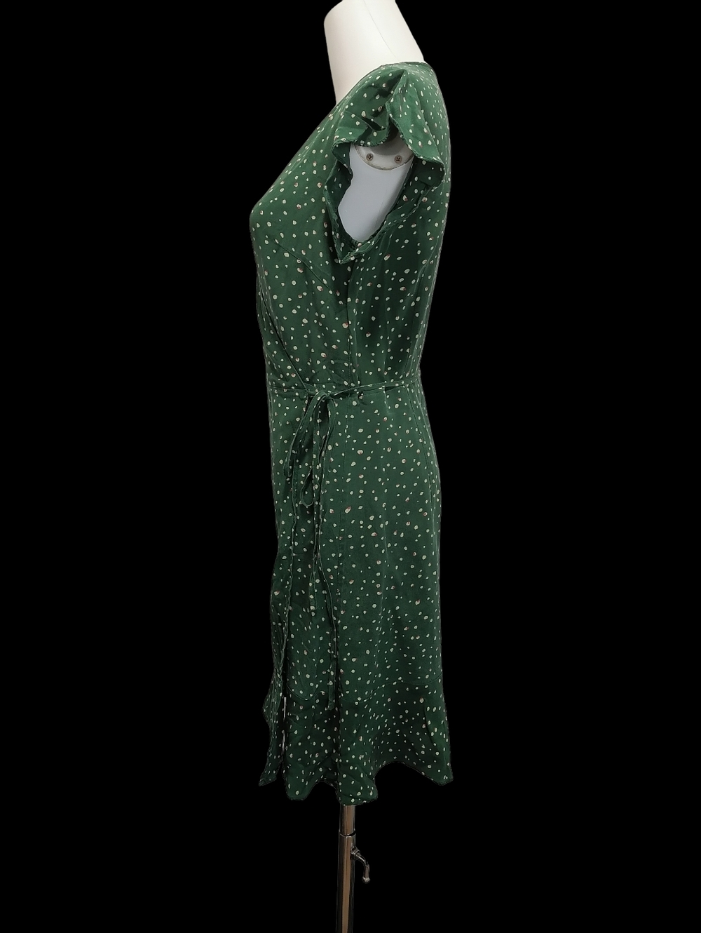 🍃🍃🍃 Green 100% Mulberry Silk Polka Dot Wrap Dress - Picture 4 of 8